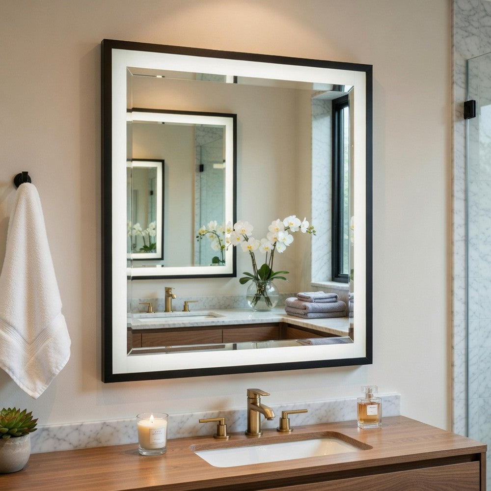 Jem Dresser Mirror | White & Walnut Brown Metal Frame | 37x42 Rectangular