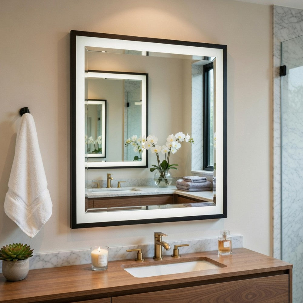 Jem Dresser Mirror | White & Walnut Brown Metal Frame | 37x42 Rectangular
