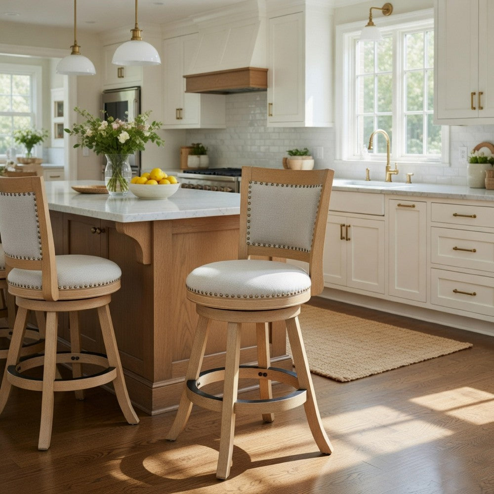Kia Swivel Counter Stool Chair | Nailed Gray Linen | Driftwood Brown