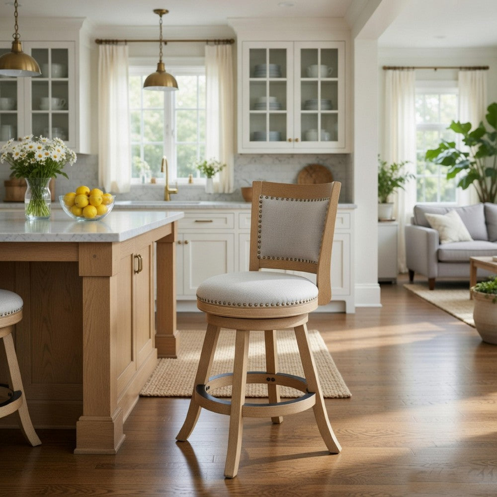 Kia Swivel Counter Stool Chair | Nailed Gray Linen | Driftwood Brown