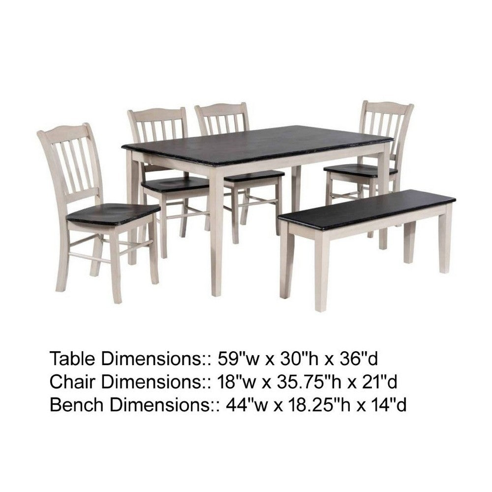 Nova 6pc Dining Table Set w 4 Chairs and Bench | Black Ash w Antique White