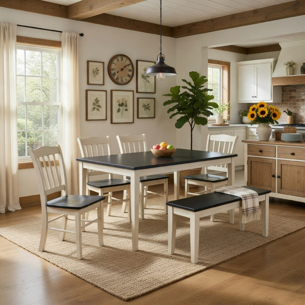 Nova 6pc Dining Table Set w 4 Chairs and Bench | Black Ash w Antique White