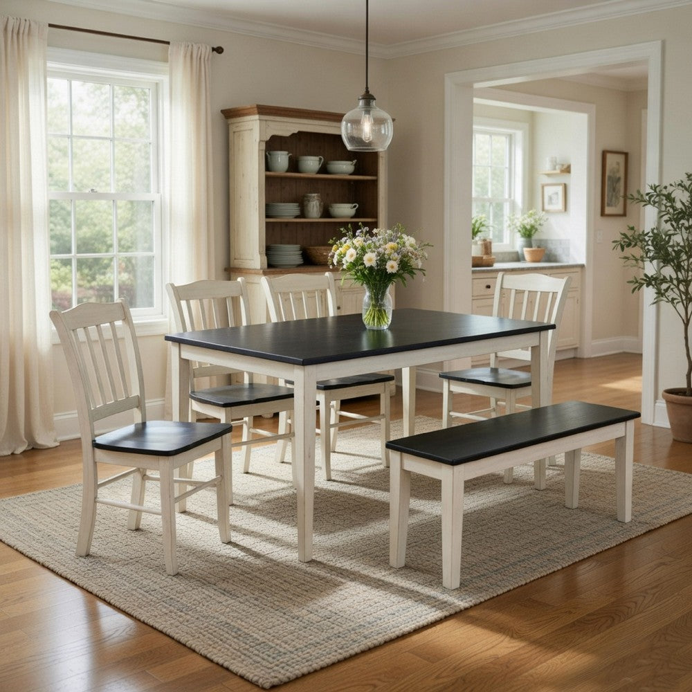 Nova 6pc Dining Table Set w 4 Chairs and Bench | Black Ash w Antique White
