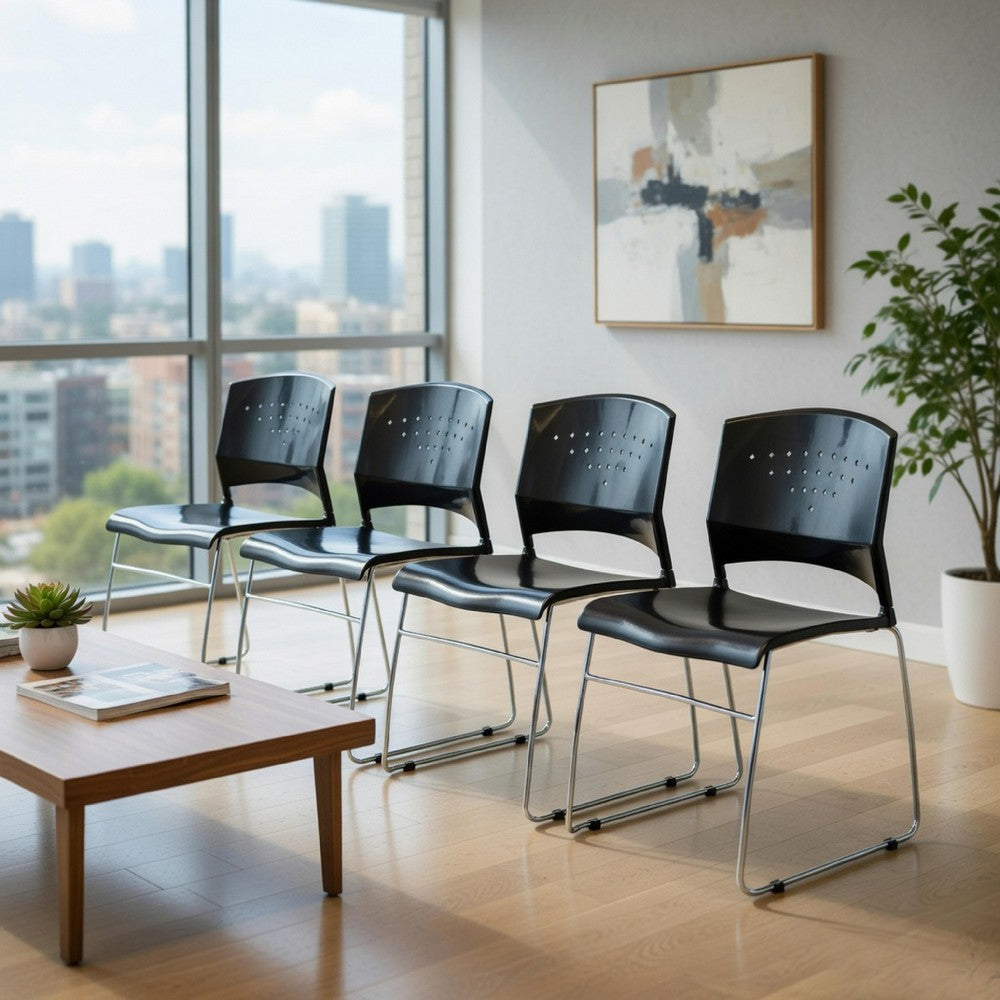 Anu Stack Chair Set of 4 | Sculpted Black Polypropylene | Chrome Sled Base