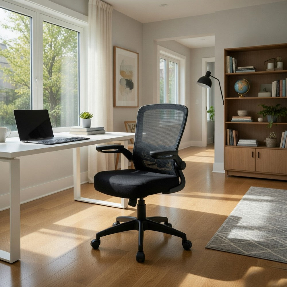 Swivel Task Chair | Mesh Back | Flip Arm | Height Adjustable | Black Fabric