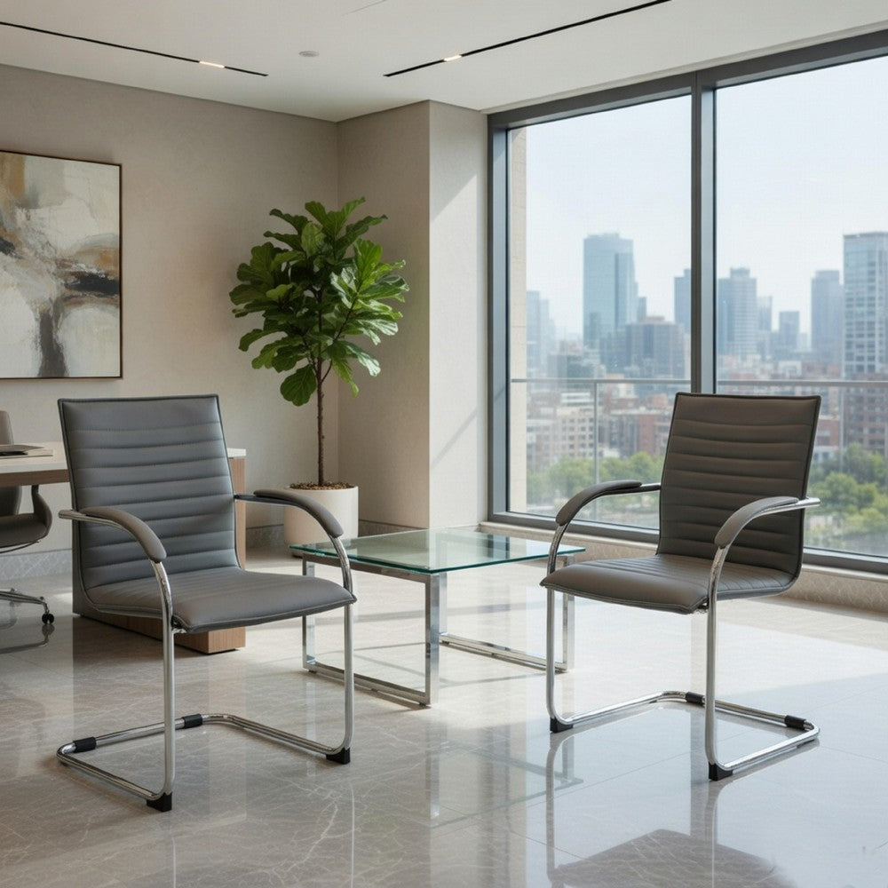 Neni Office Chair Set of 2 | Foam Fill Gray Vinyl | Chrome Cantilever