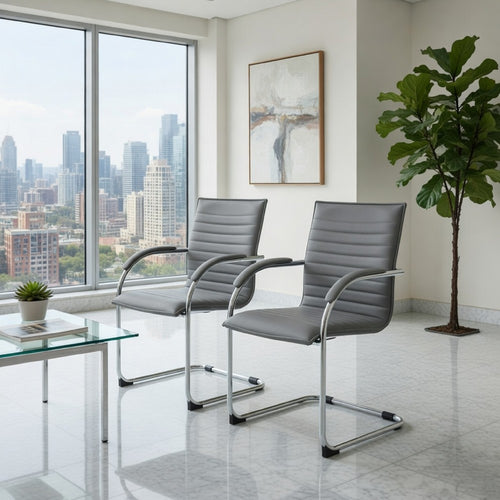 Neni Office Chair Set of 2 | Foam Fill Gray Vinyl | Chrome Cantilever