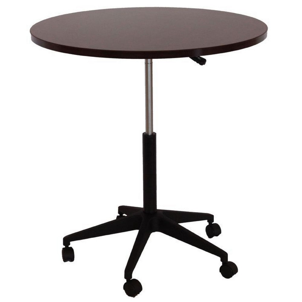 Mobile Table w Casters | Round Wood Top | Height Adjustable | Brown 27-38"