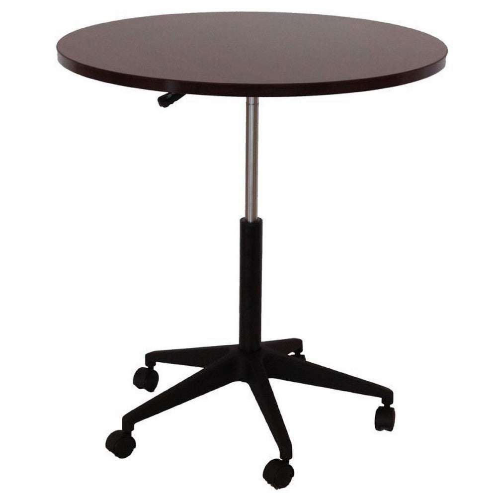 Mobile Table w Casters | Round Wood Top | Height Adjustable | Brown 27-38"