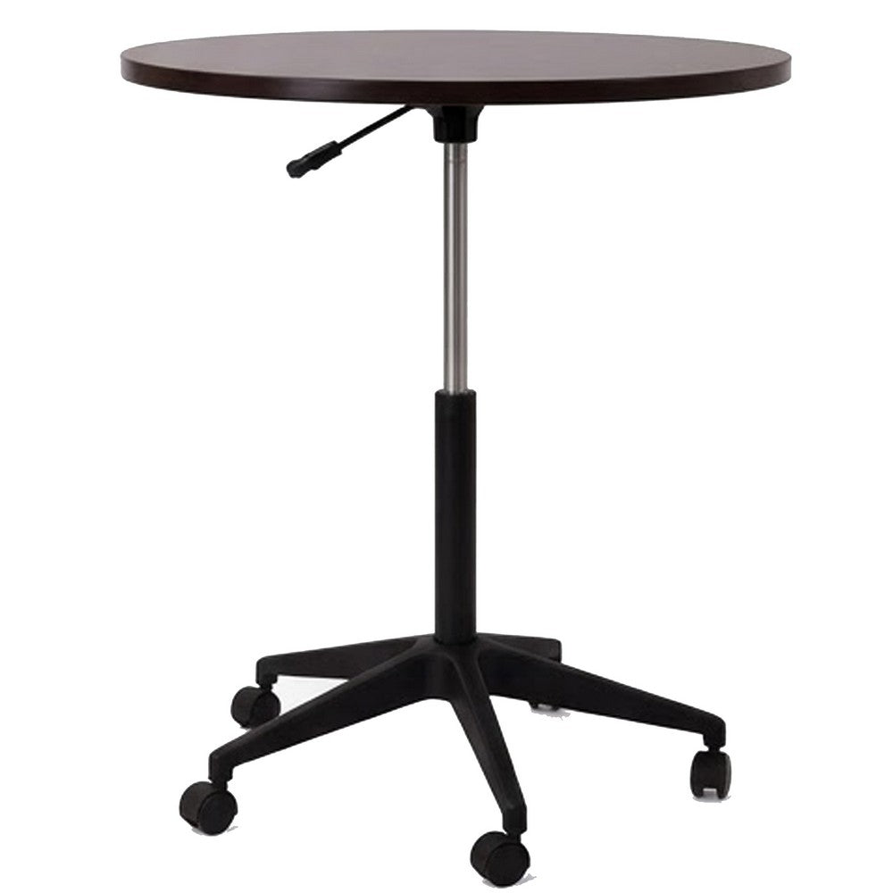 Mobile Table w Casters | Round Wood Top | Height Adjustable | Brown 27-38"
