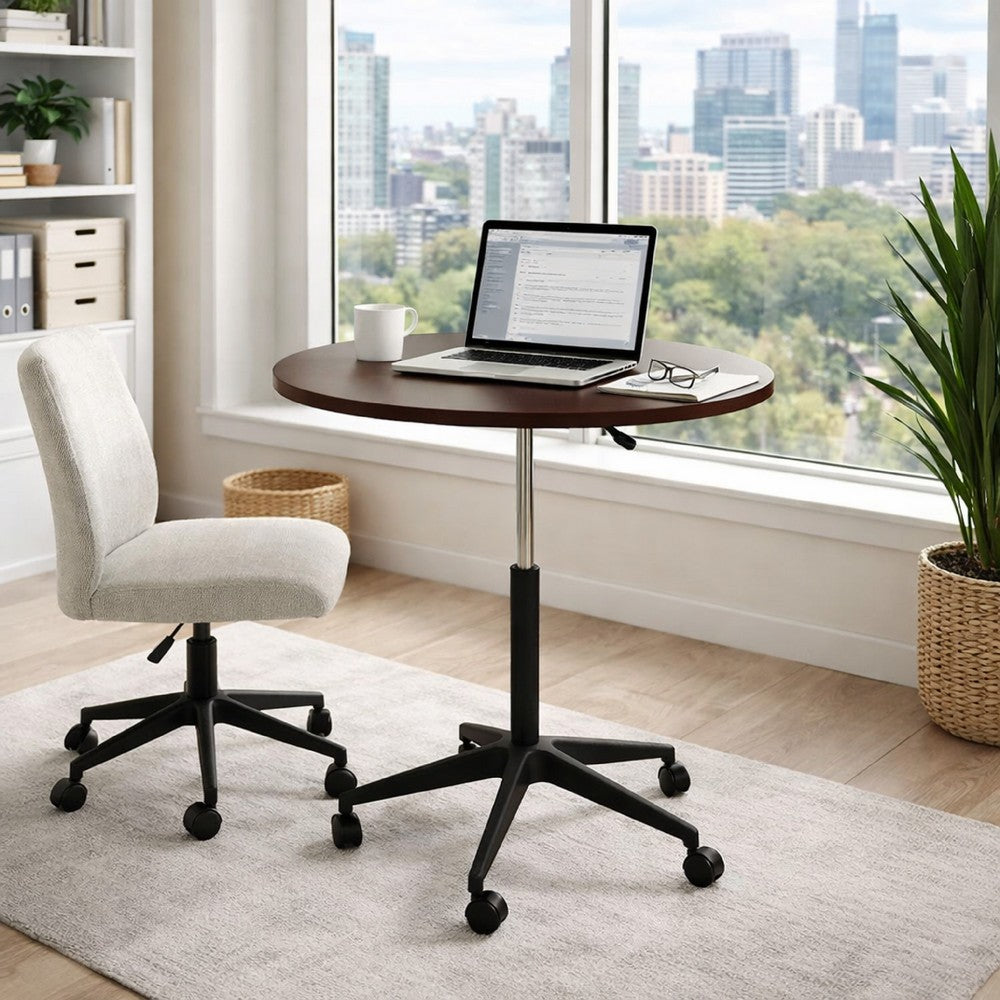 Mobile Table w Casters | Round Wood Top | Height Adjustable | Brown 27-38"