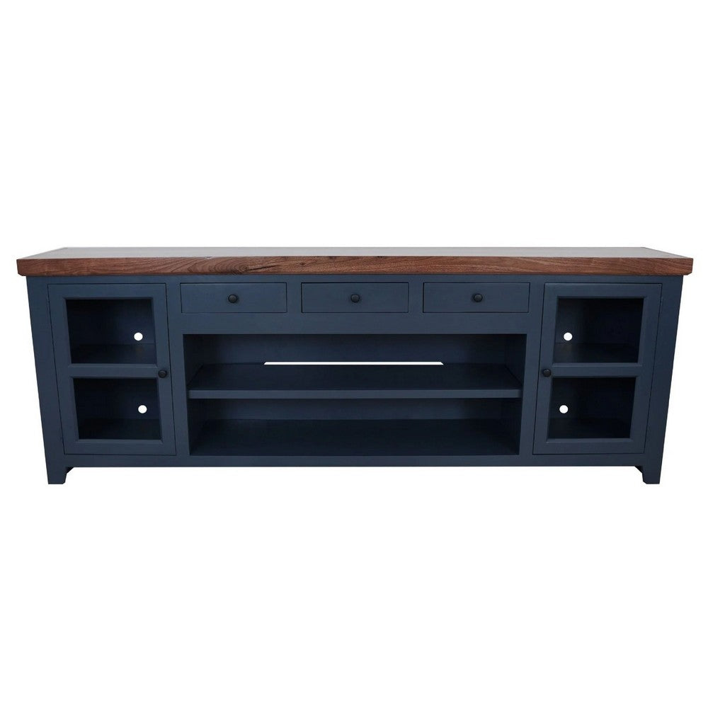 Rosa TV Stand Media Cabinet | 94" Walnut Brown Top | Midnight Blue Wood