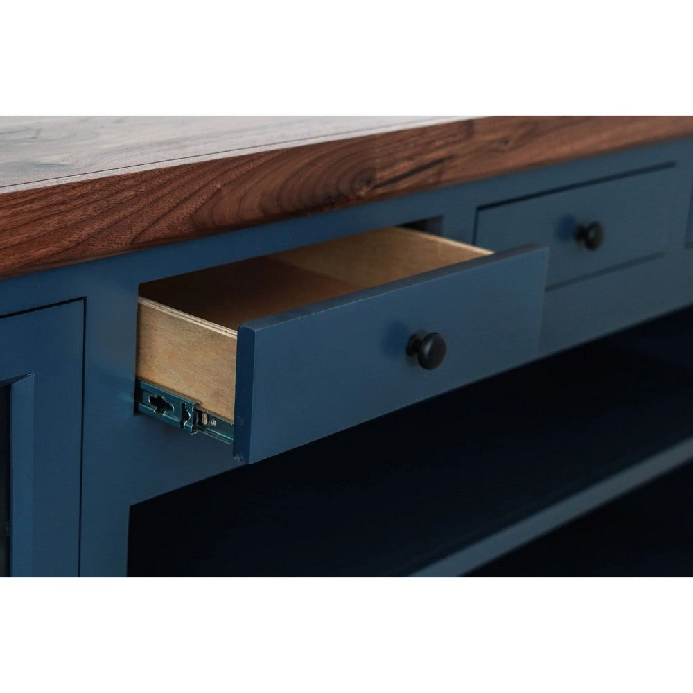 Rosa TV Stand Media Cabinet | 94" Walnut Brown Top | Midnight Blue Wood