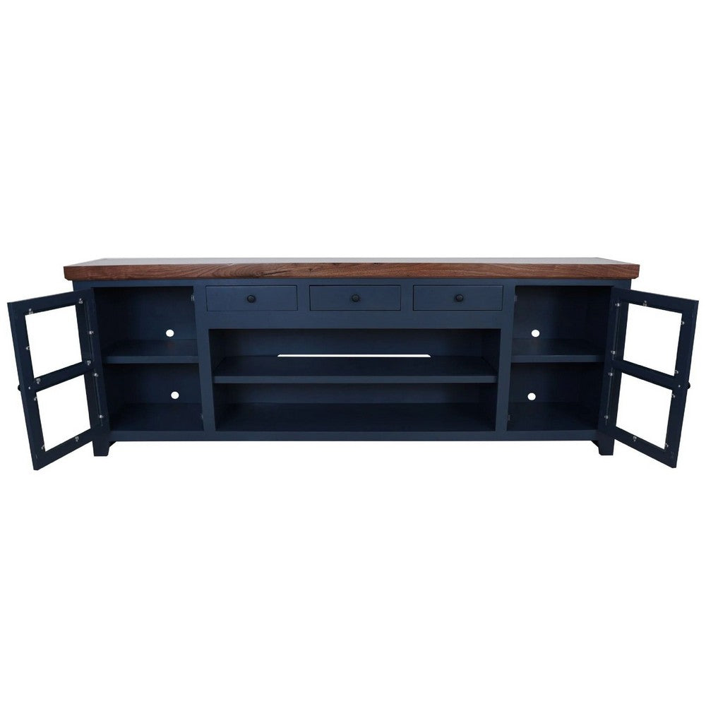 Rosa TV Stand Media Cabinet | 94" Walnut Brown Top | Midnight Blue Wood