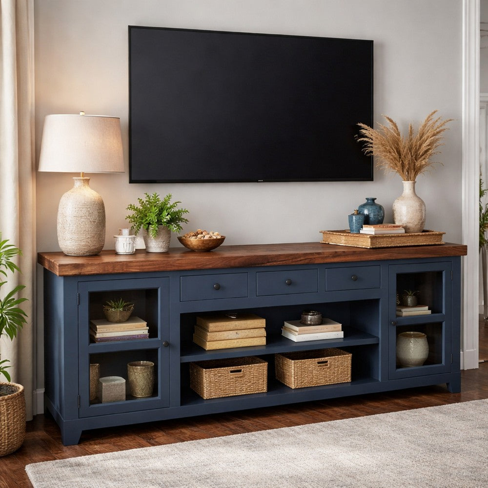 Rosa TV Stand Media Cabinet | 94" Walnut Brown Top | Midnight Blue Wood