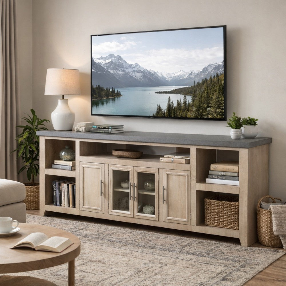 Lina TV Stand Media Cabinet | 93" Gray Slate Top | Cream Pine Wood
