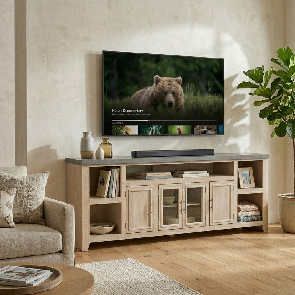 Lina TV Stand Media Cabinet | 93" Gray Slate Top | Cream Pine Wood