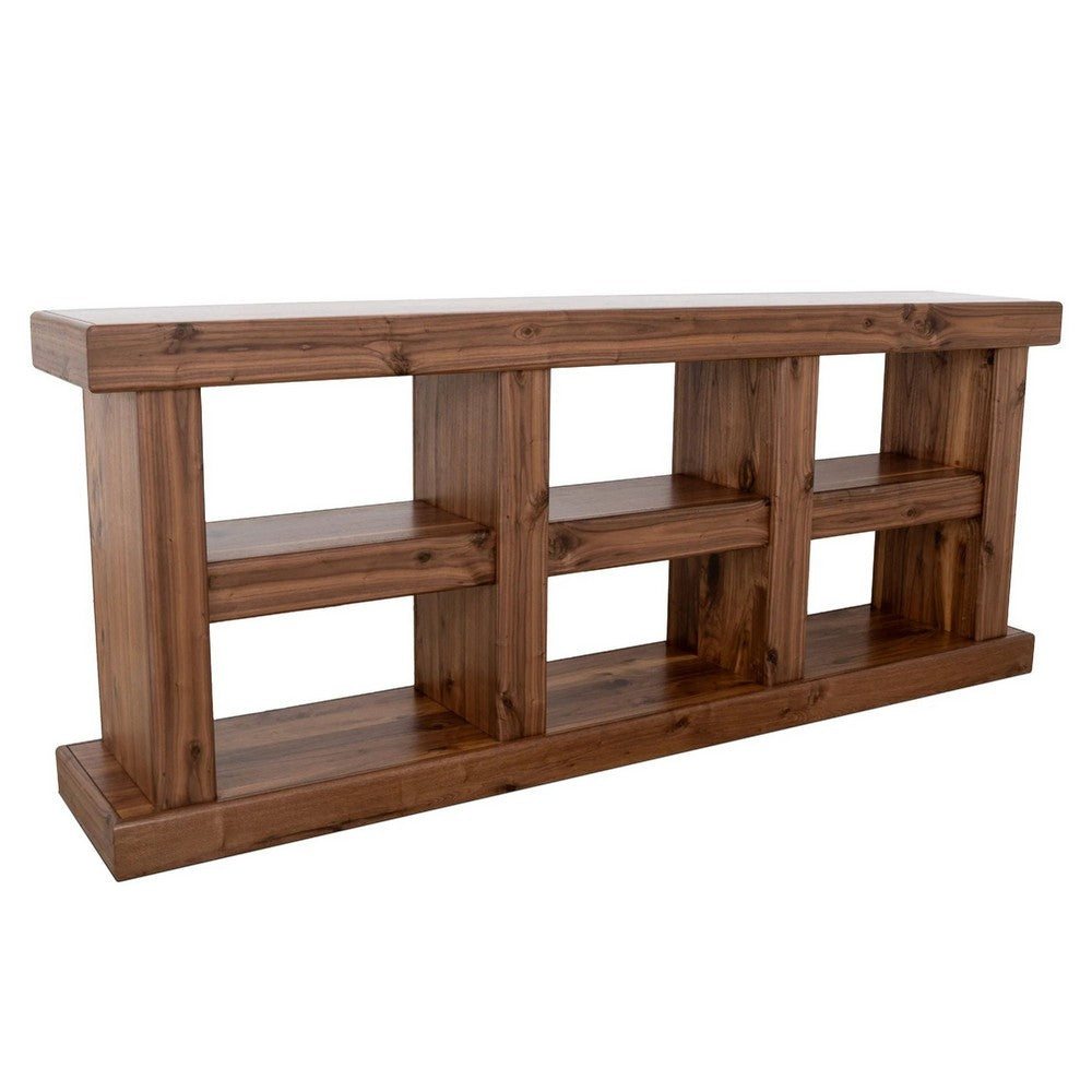 Kima TV Media Console Table | 6 Open Shelves | 80" Top | Walnut Brown