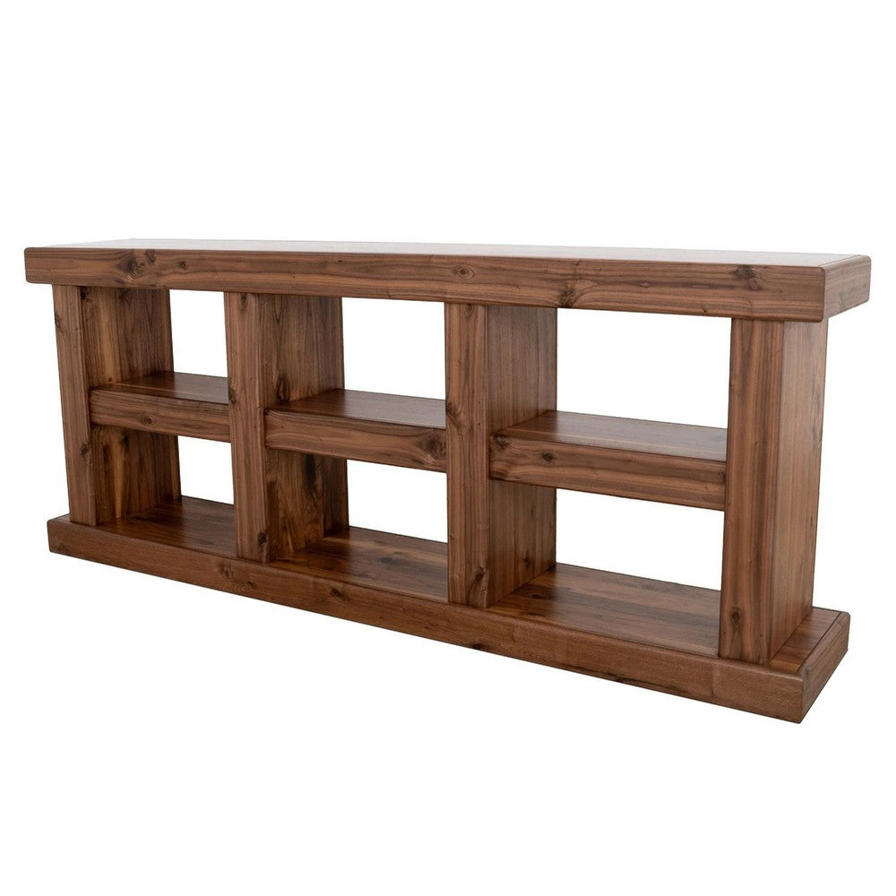 Kima TV Media Console Table | 6 Open Shelves | 80" Top | Walnut Brown