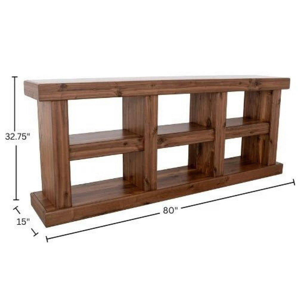 Kima TV Media Console Table | 6 Open Shelves | 80" Top | Walnut Brown