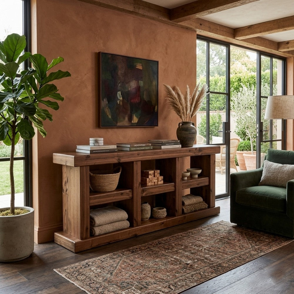Kima TV Media Console Table | 6 Open Shelves | 80" Top | Walnut Brown