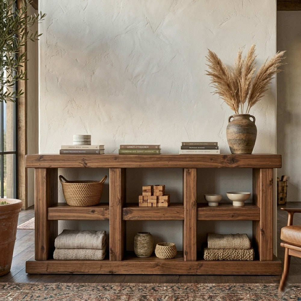 Kima TV Media Console Table | 6 Open Shelves | 80" Top | Walnut Brown
