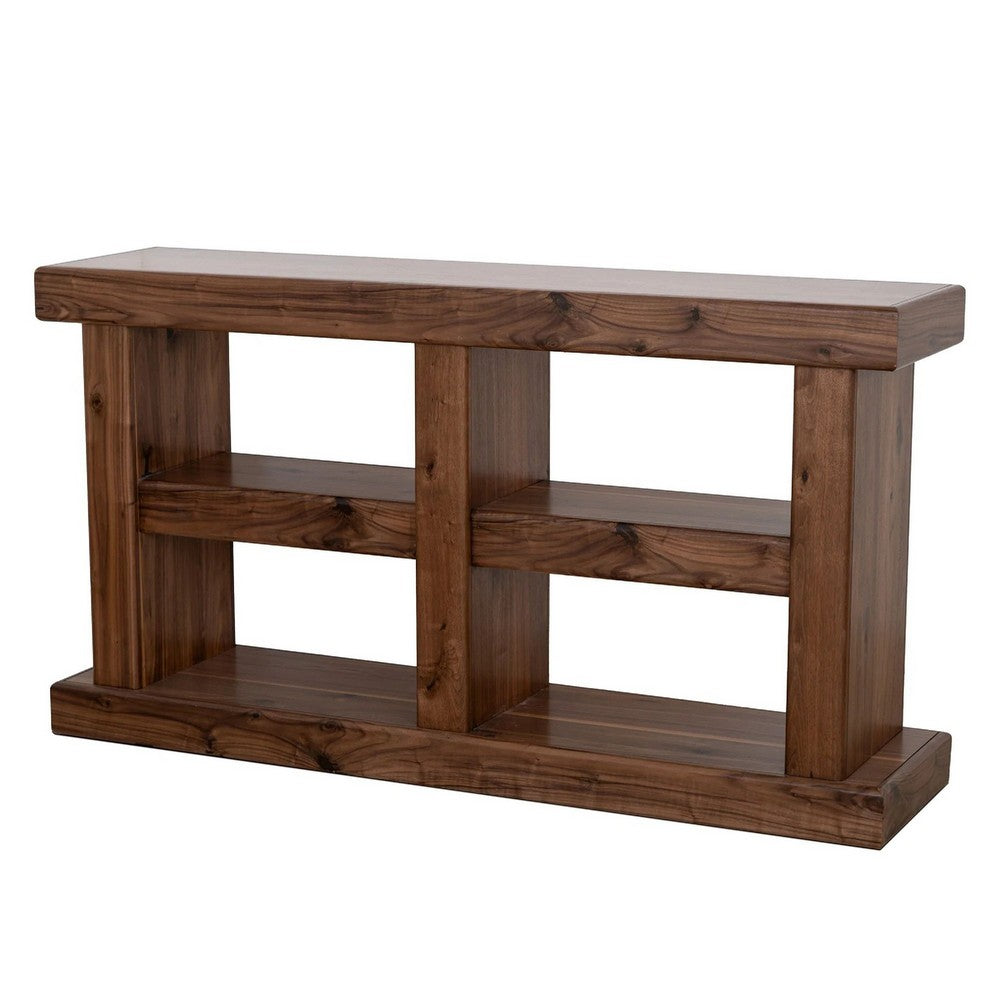 Kima TV Media Console Table | 4 Open Shelves | 60" Top | Walnut Brown