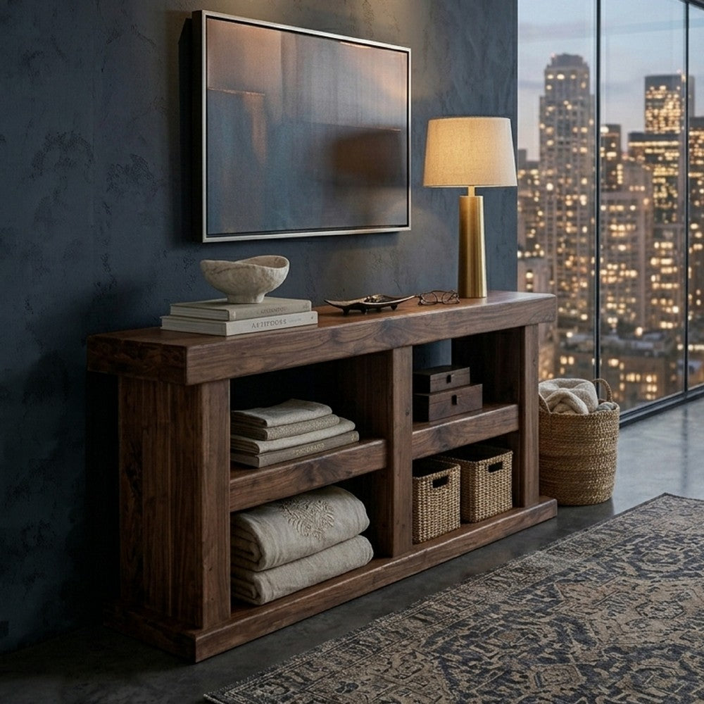 Kima TV Media Console Table | 4 Open Shelves | 60" Top | Walnut Brown