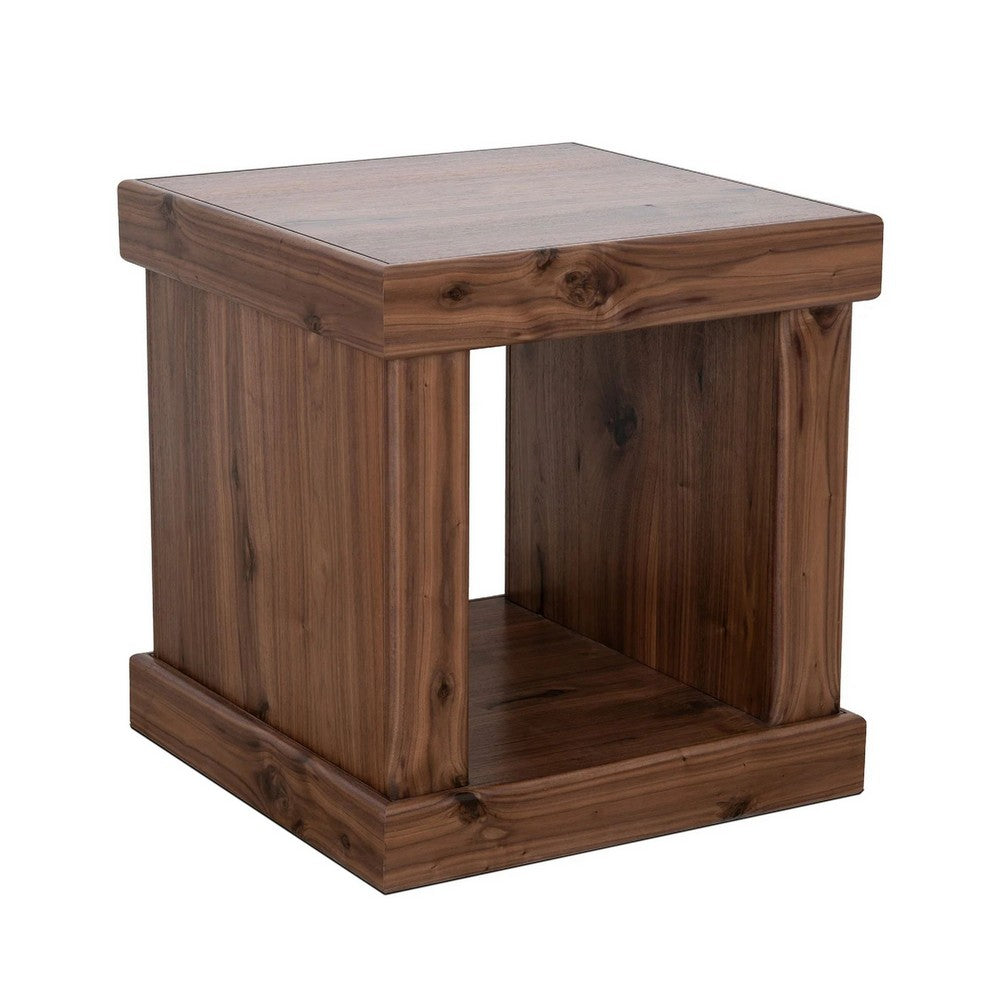 Kima Side End Table | 25" Square Top with Lower Shelf | Walnut Brown