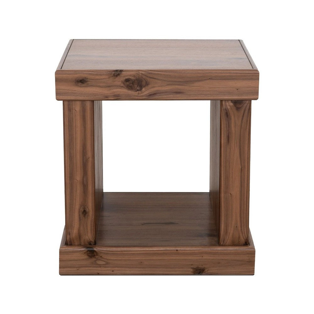 Kima Side End Table | 25" Square Top with Lower Shelf | Walnut Brown