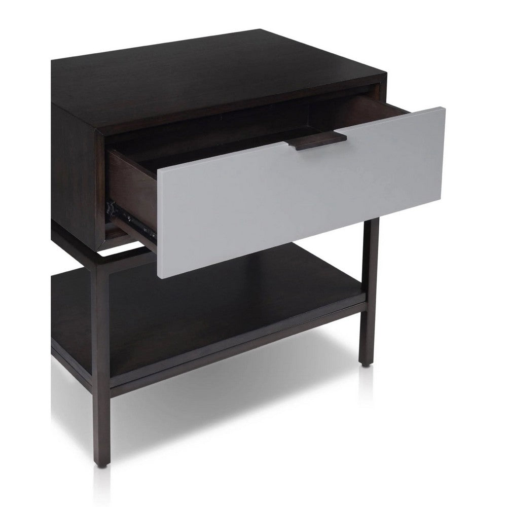 Kina Bedside Nightstand | 1 Drawer and Open Shelf | Espresso Gray Wood