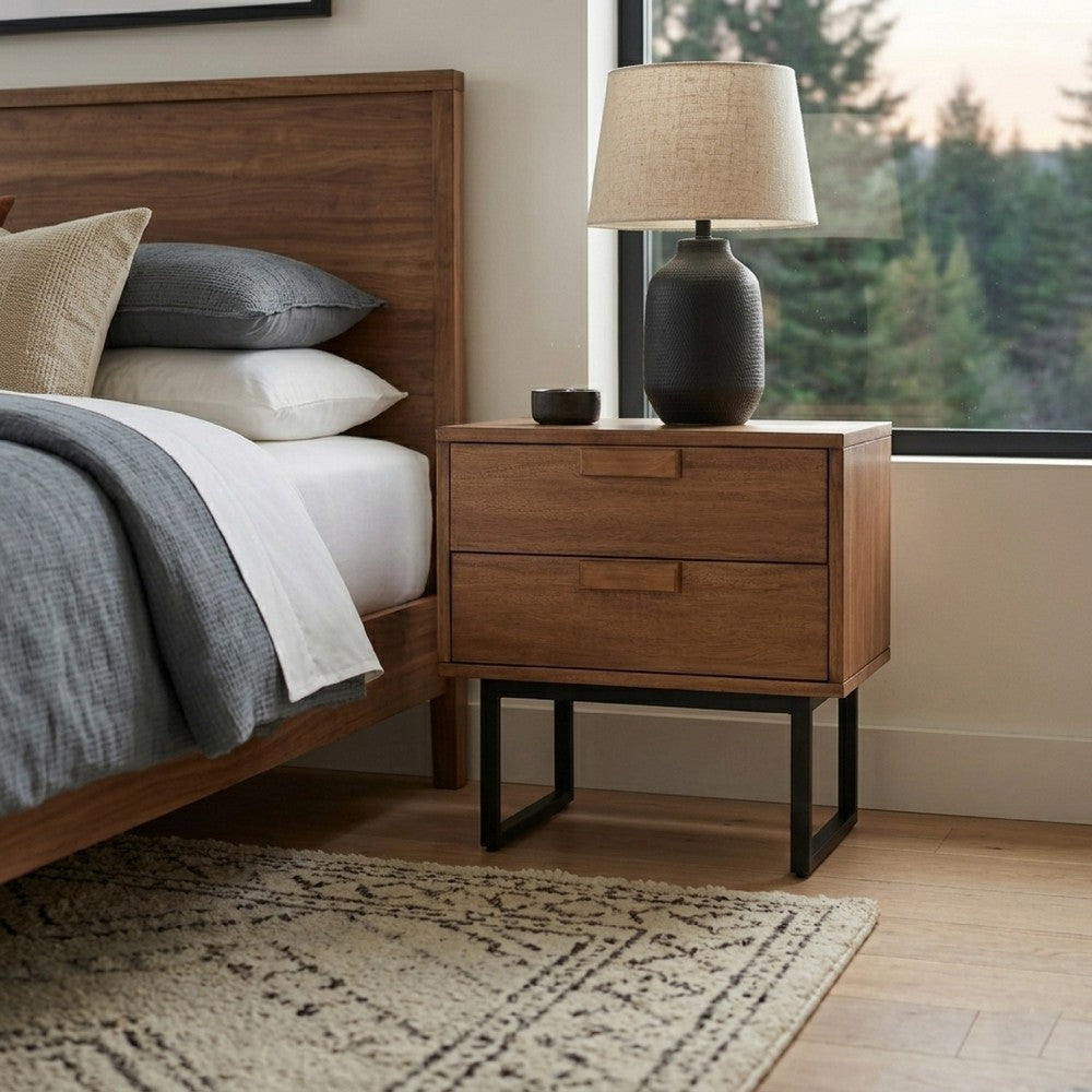 Pio Bedside Nightstand | 2 Drawers | Chestnut Brown | Gray Metal Legs