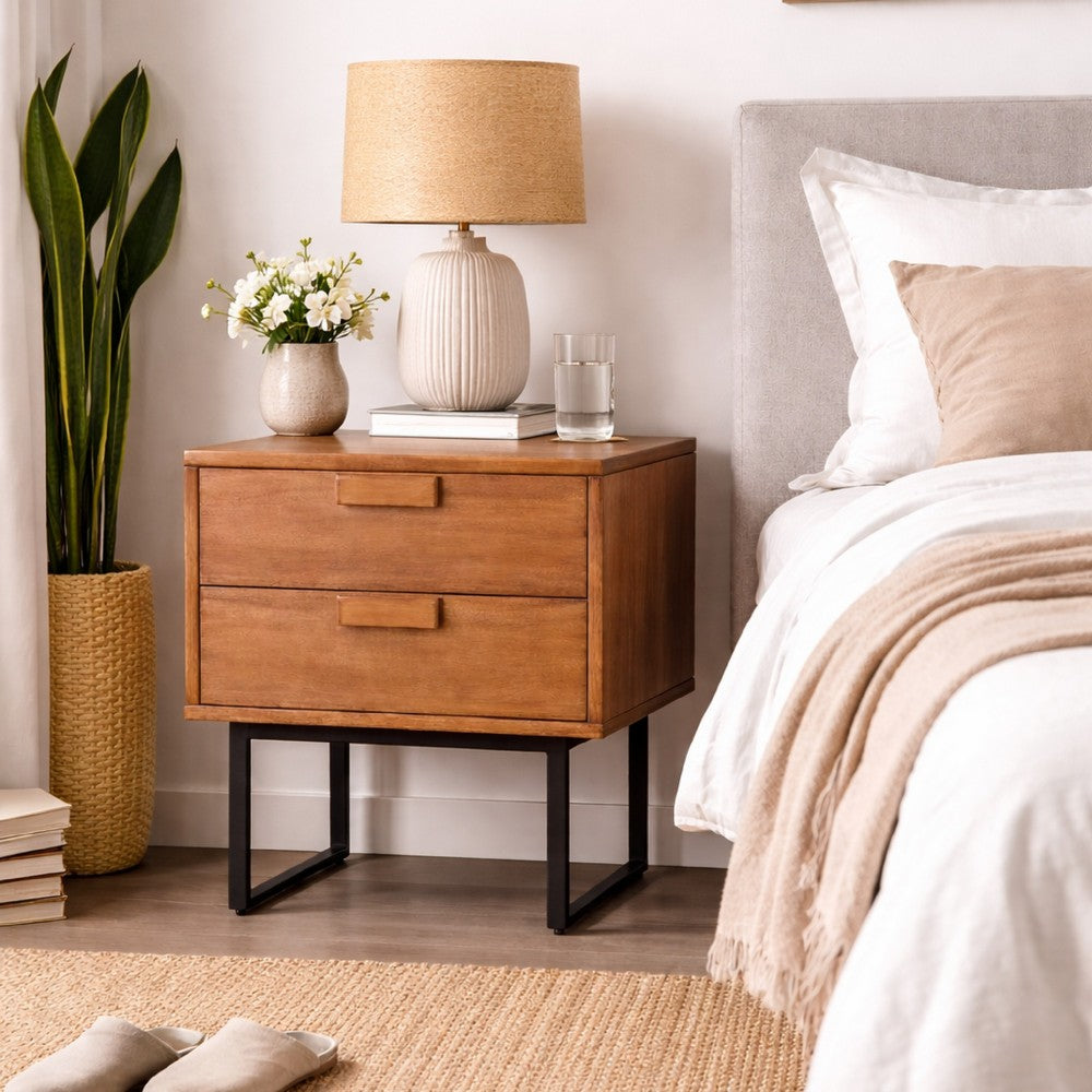 Pio Bedside Nightstand | 2 Drawers | Chestnut Brown | Gray Metal Legs