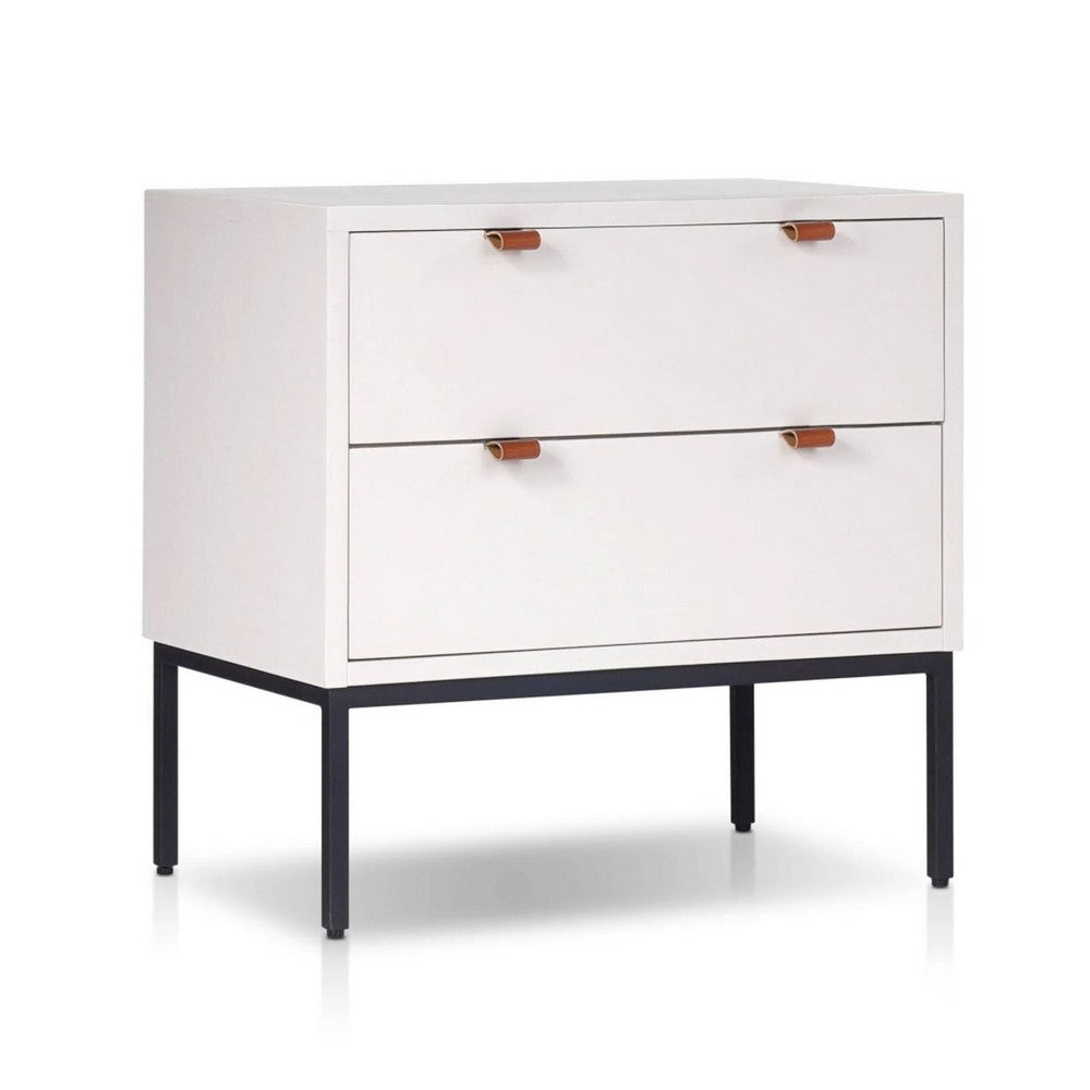 Lio Modern Nightstand with 2 Drawers | Gray Metal Legs | Glam White