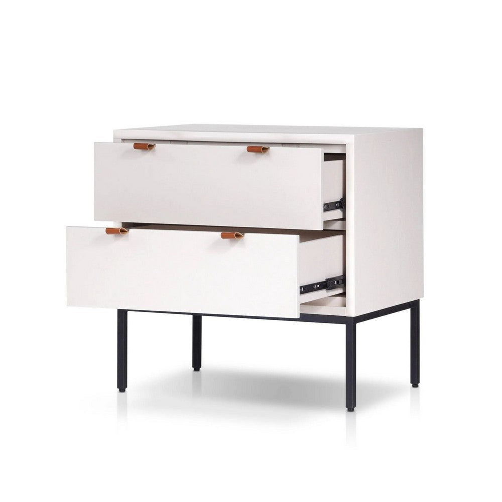 Lio Modern Nightstand with 2 Drawers | Gray Metal Legs | Glam White