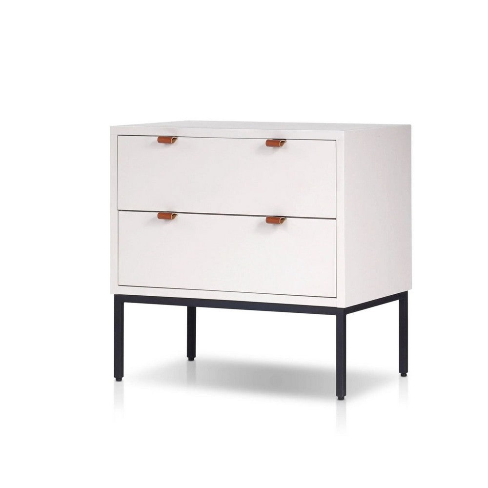 Lio Modern Nightstand with 2 Drawers | Gray Metal Legs | Glam White