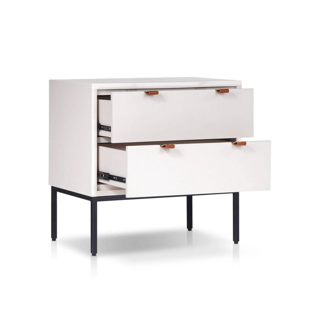 Lio Modern Nightstand with 2 Drawers | Gray Metal Legs | Glam White