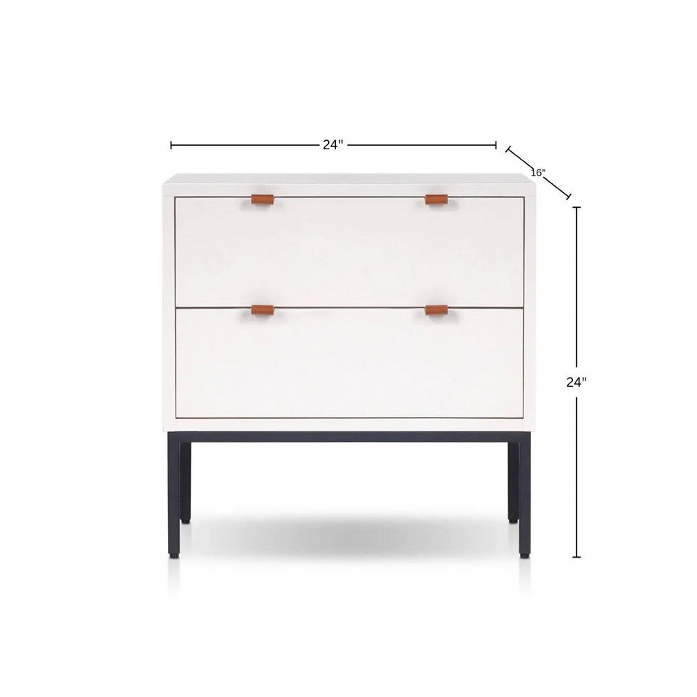 Lio Modern Nightstand with 2 Drawers | Gray Metal Legs | Glam White