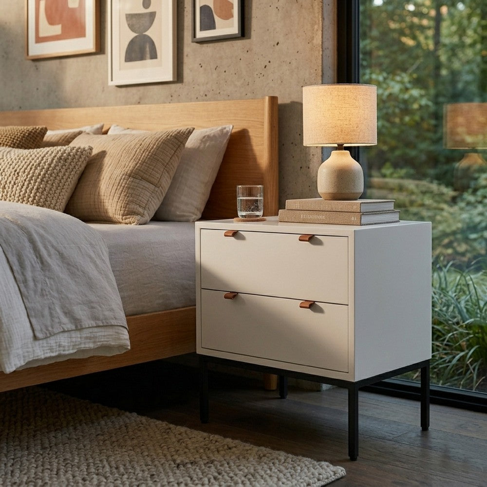 Lio Modern Nightstand with 2 Drawers | Gray Metal Legs | Glam White