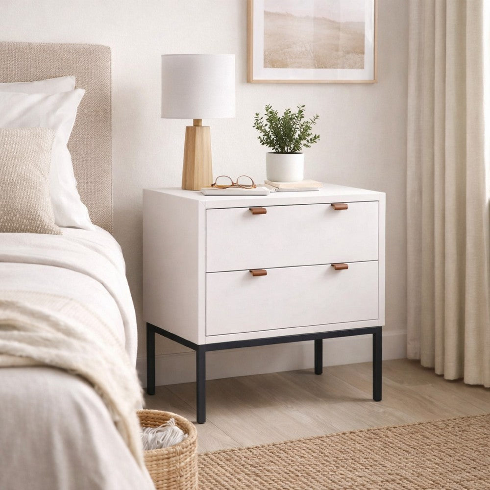 Lio Modern Nightstand with 2 Drawers | Gray Metal Legs | Glam White