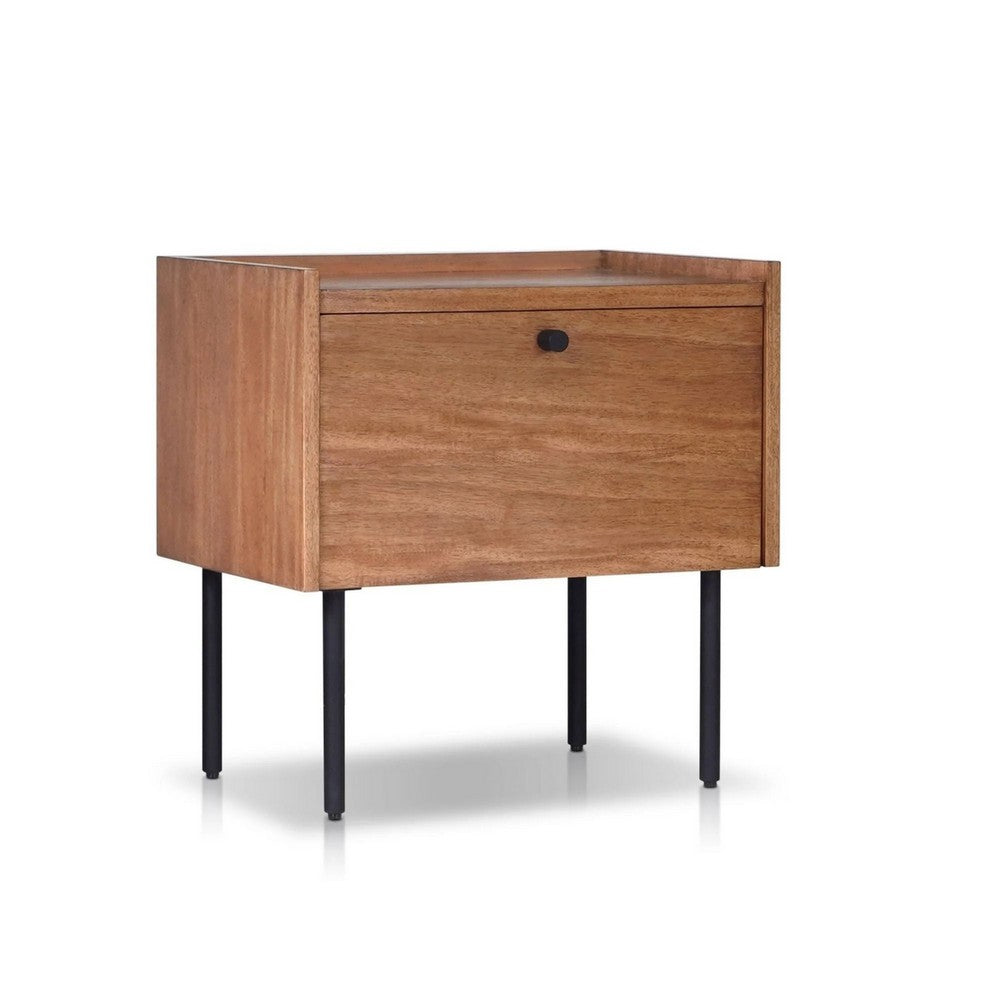Noah Nightstand with 1 Drawer | Black Metal Legs | Chestnut Brown