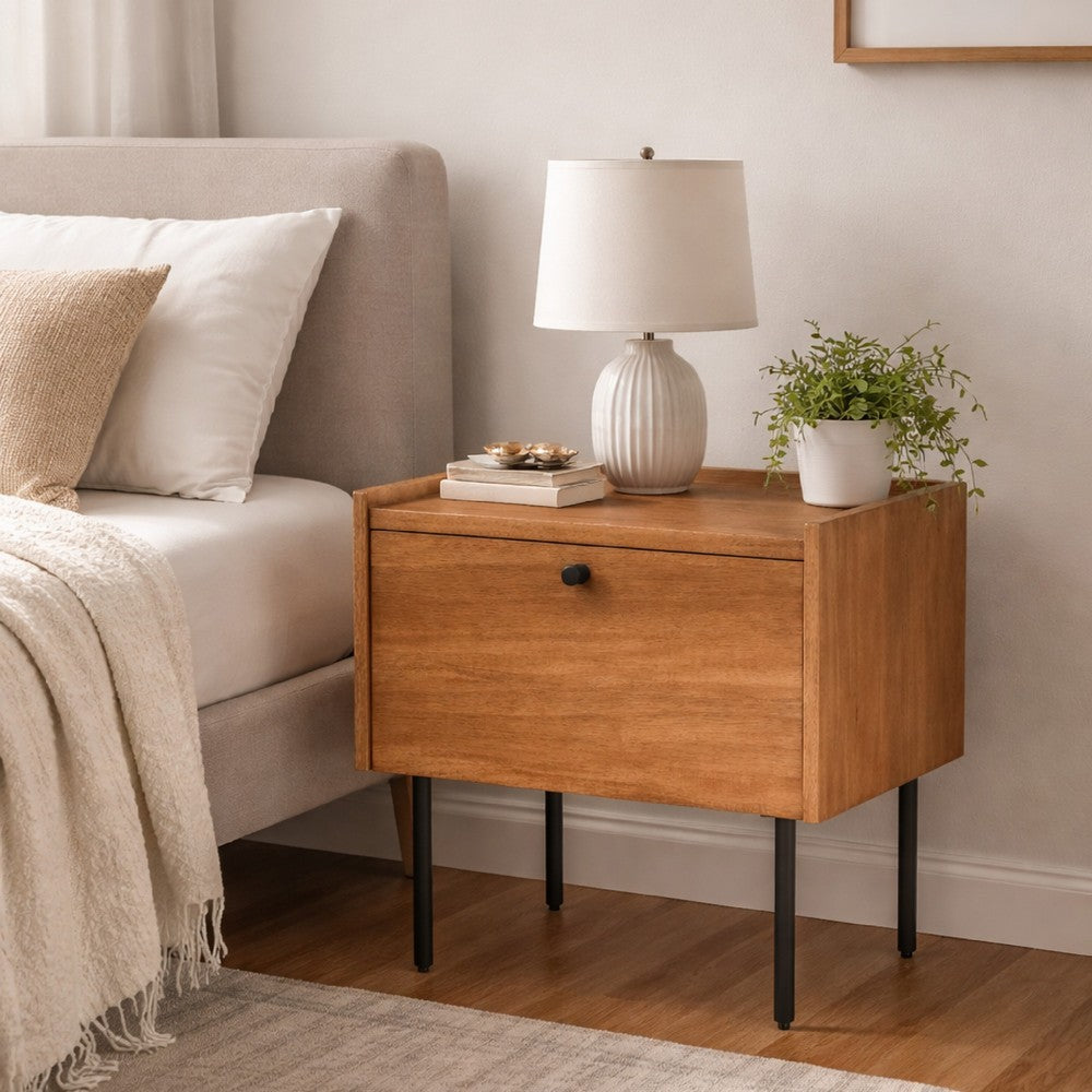 Noah Nightstand with 1 Drawer | Black Metal Legs | Chestnut Brown