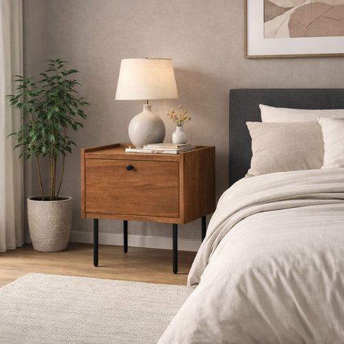 Noah Nightstand with 1 Drawer | Black Metal Legs | Chestnut Brown