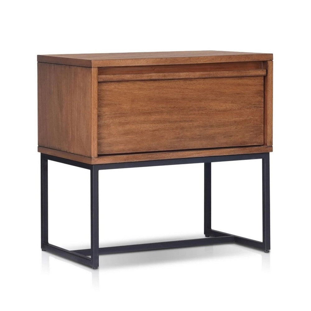 Rya Nightstand with 1 Drawer | Gray Metal Legs | Teak Brown