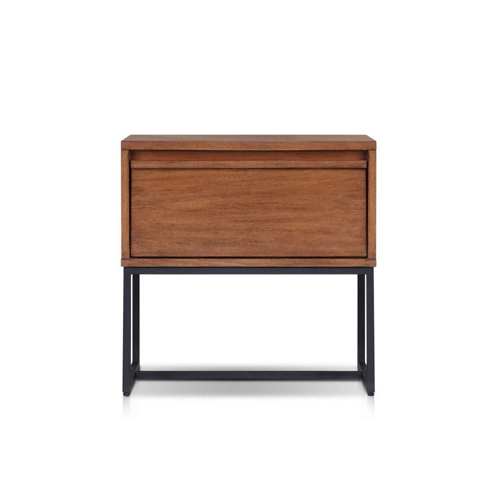 Rya Nightstand with 1 Drawer | Gray Metal Legs | Teak Brown
