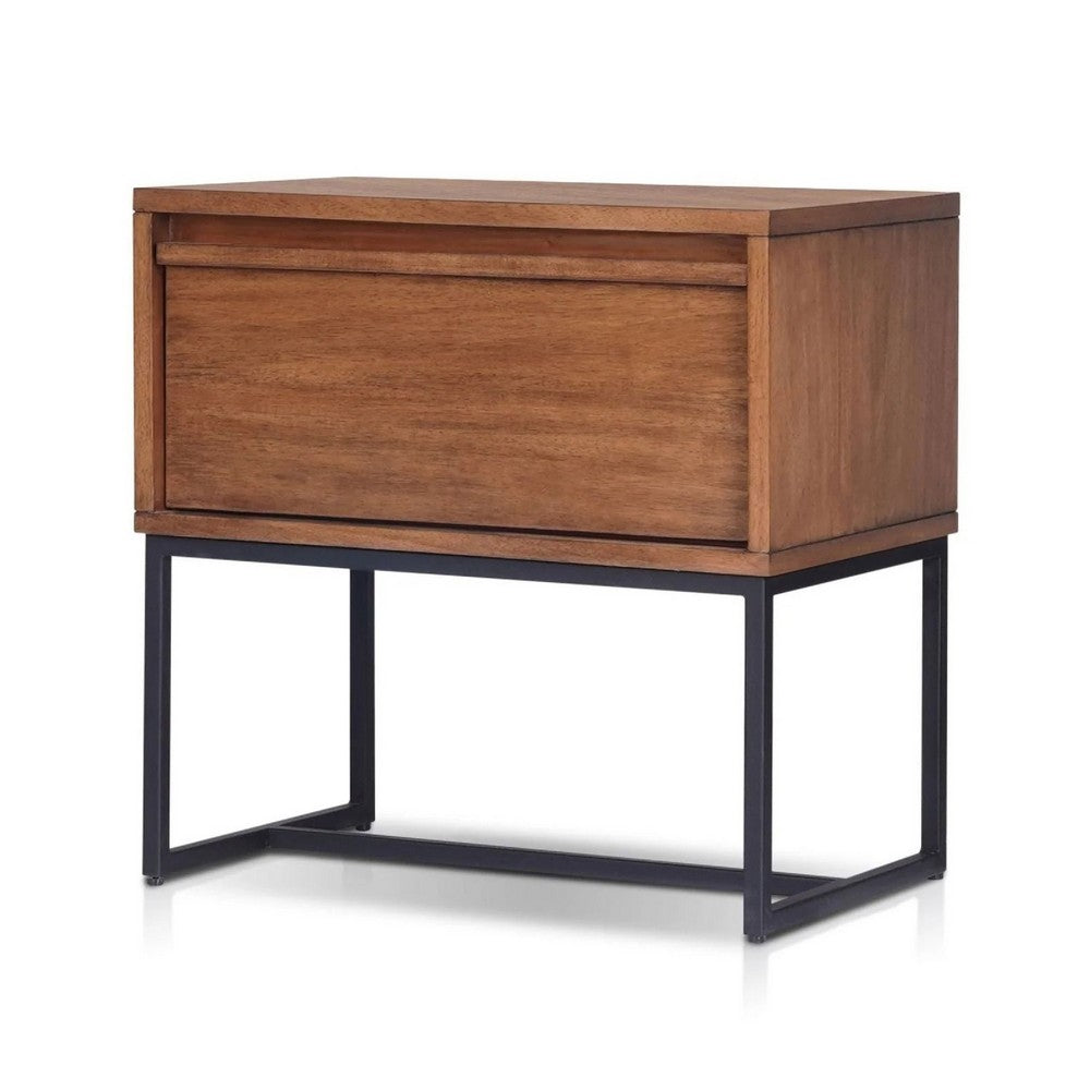Rya Nightstand with 1 Drawer | Gray Metal Legs | Teak Brown