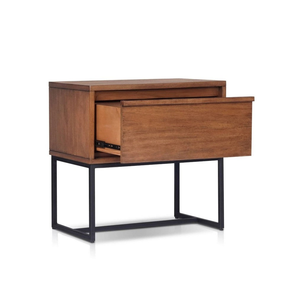 Rya Nightstand with 1 Drawer | Gray Metal Legs | Teak Brown