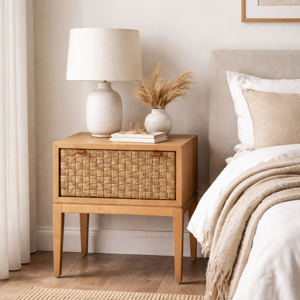 Rena Nightstand | 1 Drawer with Sea Grass Accent Front | Natural Brown