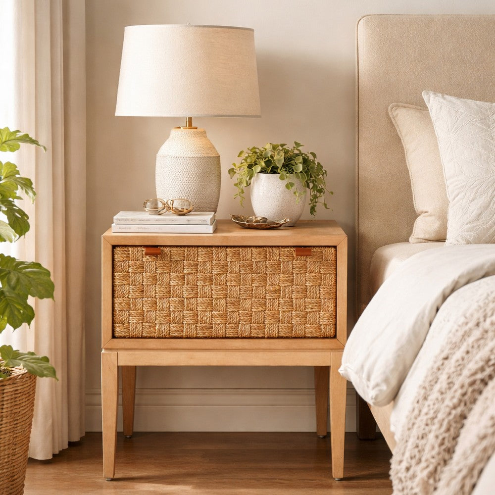 Rena Nightstand | 1 Drawer with Sea Grass Accent Front | Natural Brown