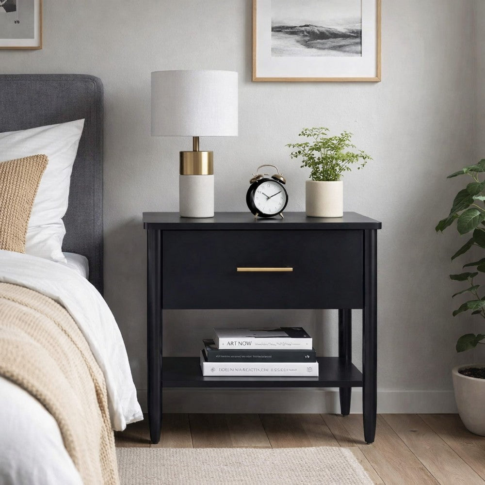 Lex Bedside Nightstand | 1 Drawer and Fixed Open Shelf | Black